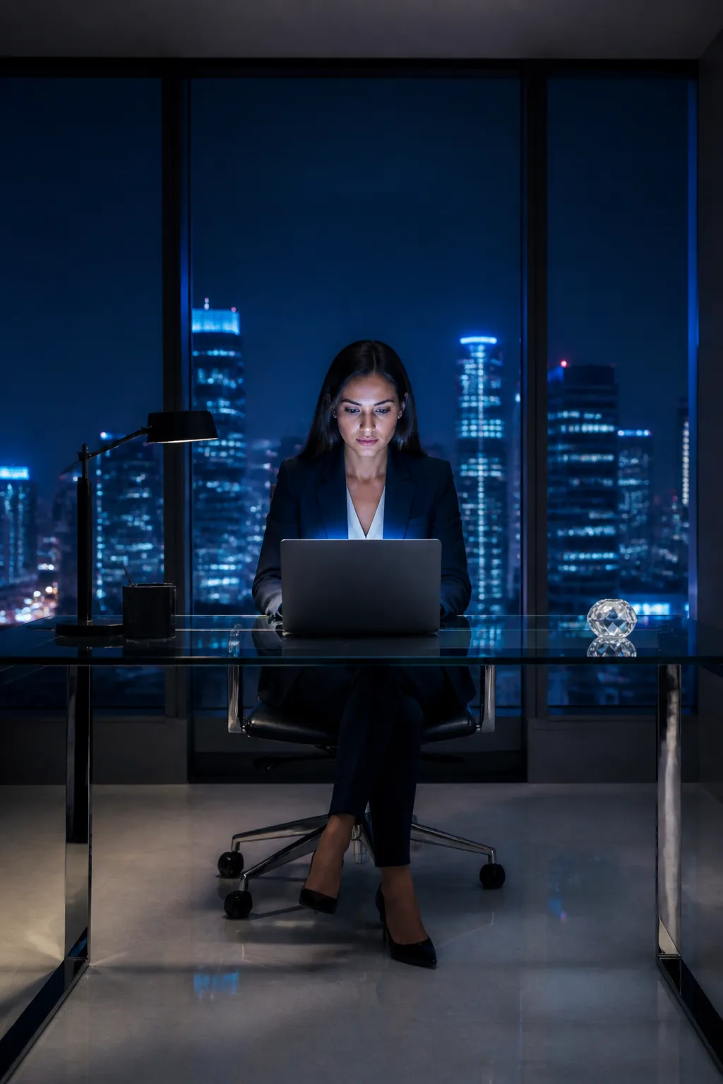 Professional coach reviewing her automatically booked calendar at night